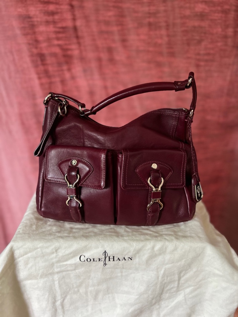 Cole Haan Deep Burgundy Leather Shoulder Bag with Front Buckle Pockets